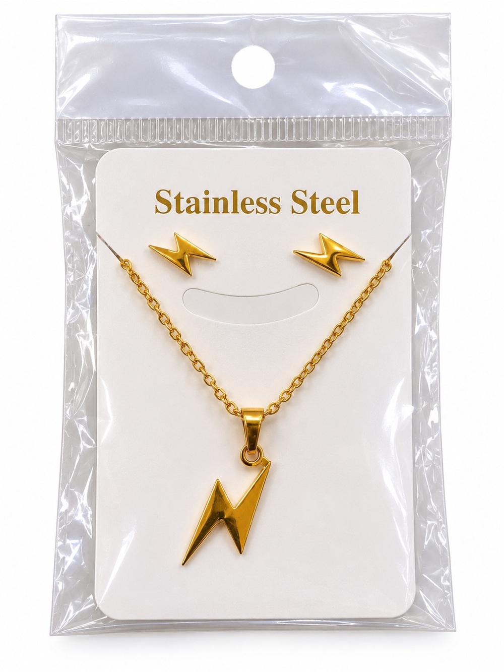 Gold Stainless Steel Lightning Bolt Necklace & Earring Set